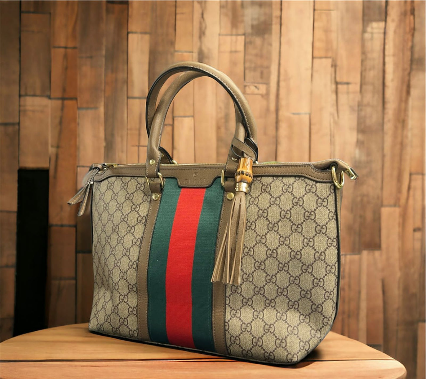 CUG GUC Brown Beige Red Green Stripe Ladies Tote Bag 987467
