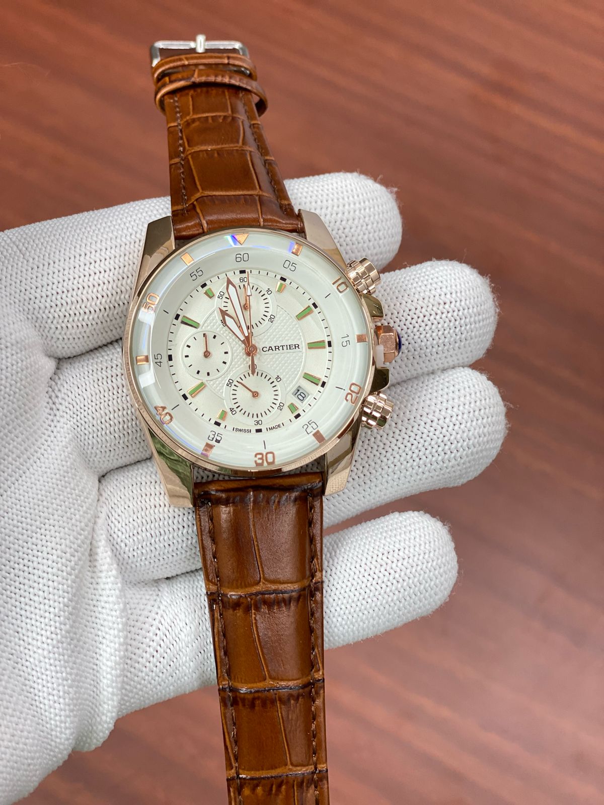 RAC CAR Brown Leather Strap Copper Ring White Dial Mens Watch 880030