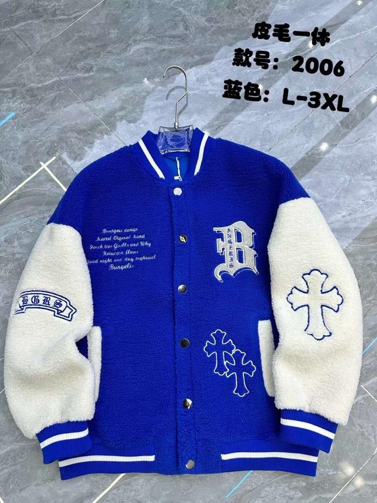 Angles Blue Colour With Cross B Embroidery Design Premium Quality Sheep Fabric Versity Jacket 2006
