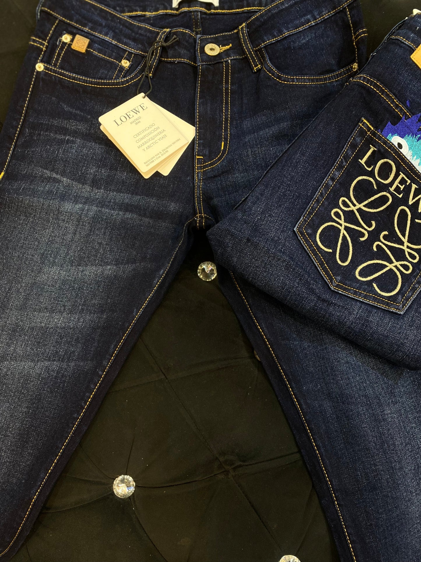 EOL LOE Navy Blue With Back Pocketed Embroidery Rouge Design Slim Fit Jeans 472