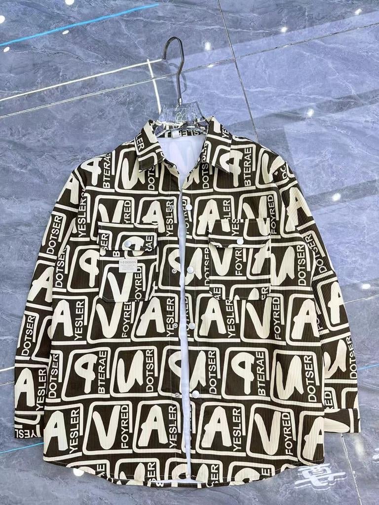 Unique Design Beige Brown Colour Word Art Print Full Sleeve Shacket T608