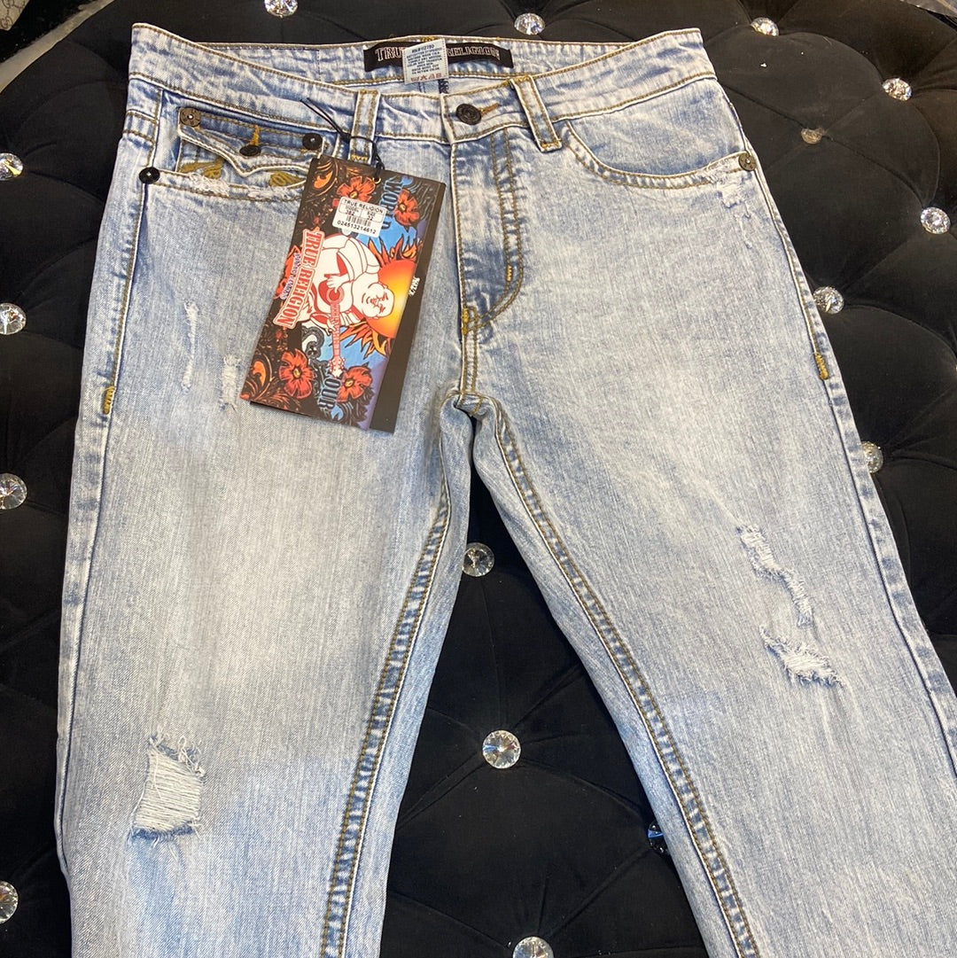 URT Sky Blue Colour Rugged Damage Back Embroidery Pocket Straight Fit Jeans 382