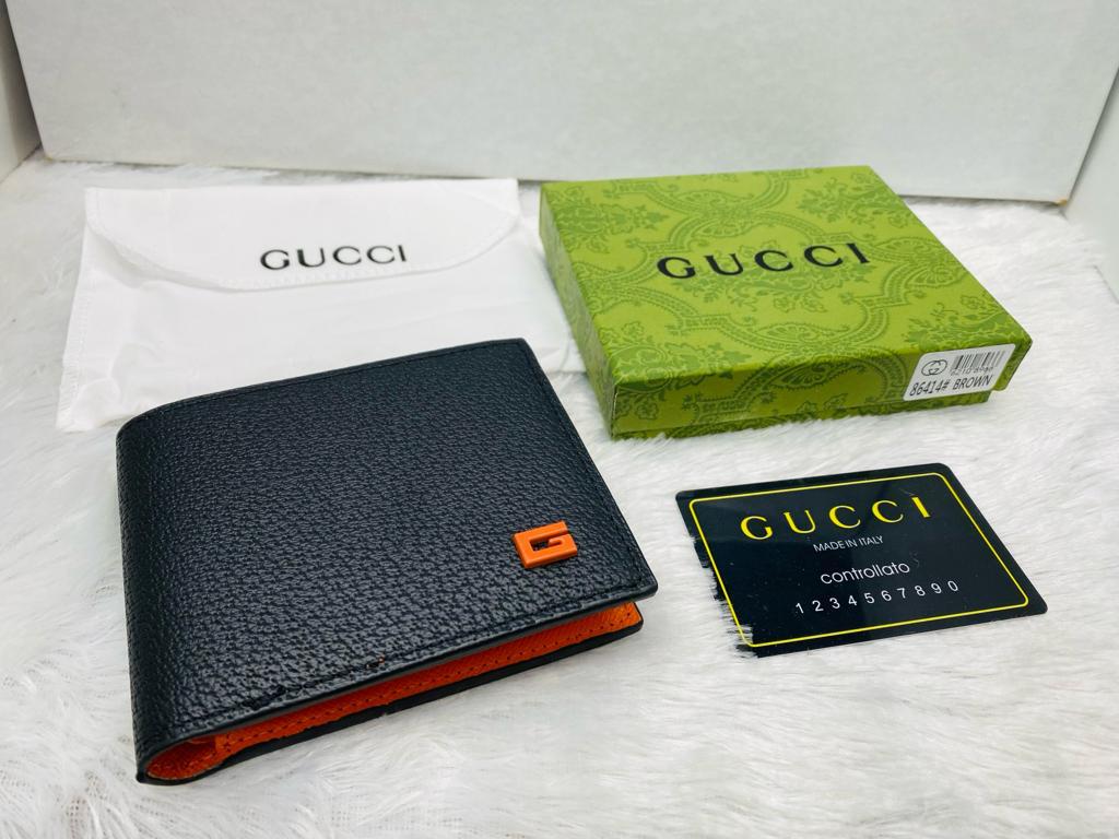GUC CUG Branded Luxury Italian Leather Black Orange Colour G Logo Wallet 86212
