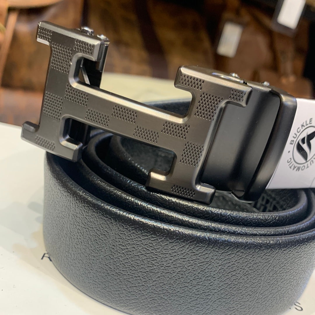 Reh Black Colour Black Buckle Silver Logo Genuine Leather Belt Automatic Buckle 64599
