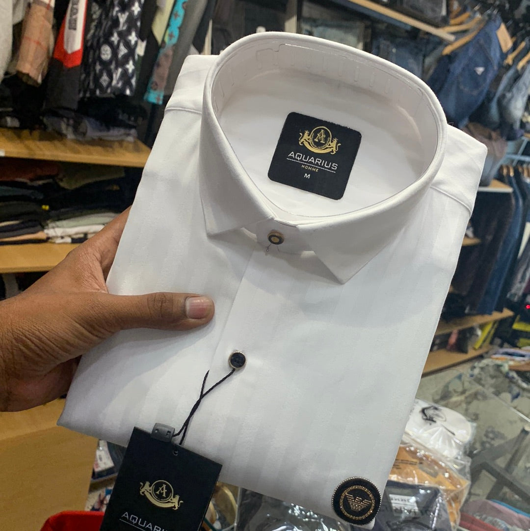 AQUARIUS White Colour With Line Design Front MRA Sticker Full Sleeve Men Shirt 2215