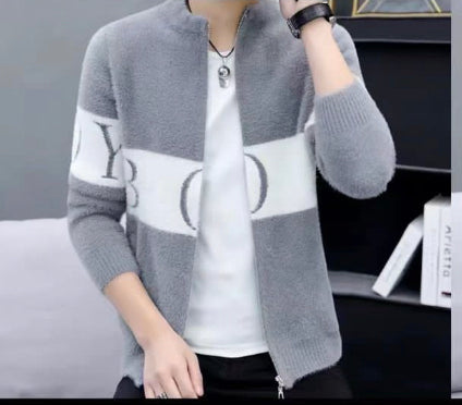 BOY Grey Colour With White Boy Print Turtleneck Zipper Sweater Unisex Sweater 19349