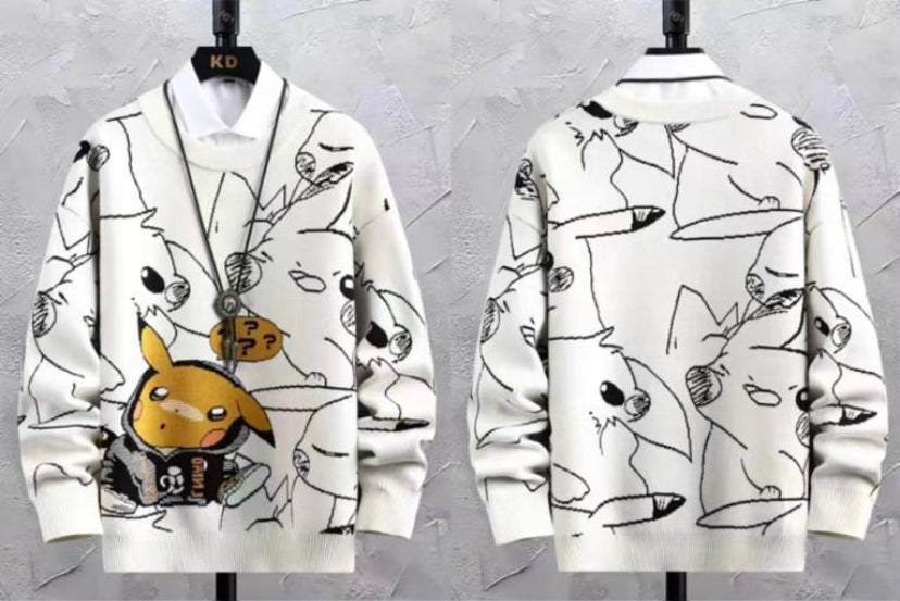 White Colour With Pikachu Print Premium Quality Oversized Unisex Sweater 93312