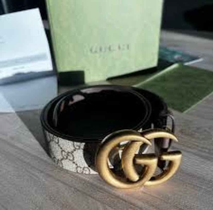 CUG Golden Buckle Black Cream Gg Print Men Belt 201104