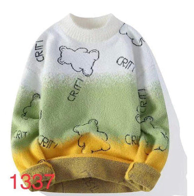 CRITI White Grey Yellow Colour Bear Print Winter Men's Sweater Korean Fashion Unisex Sweater 19332