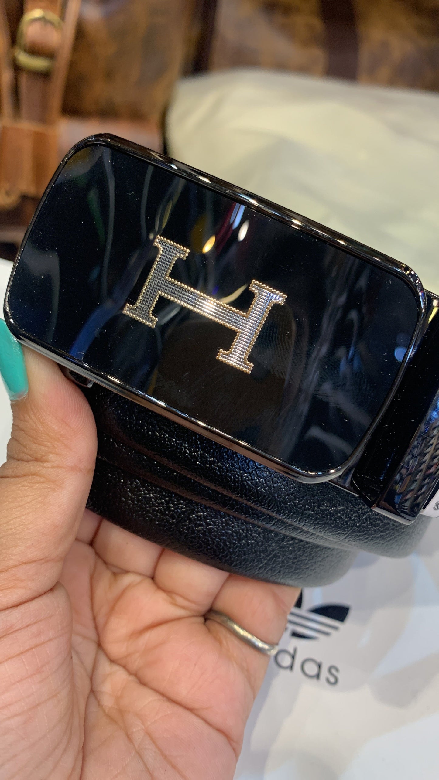 Reh Black Colour Black Buckle Silver Gold Logo Genuine Leather Belt Automatic Buckle 64600