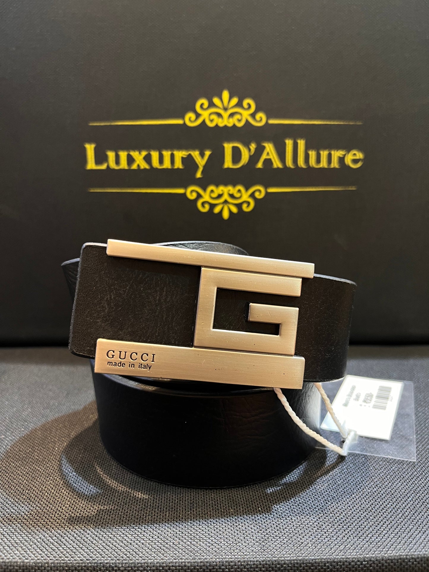 Cug Guc Black Strap Silver Graise Buckle Men’s Belt 64641