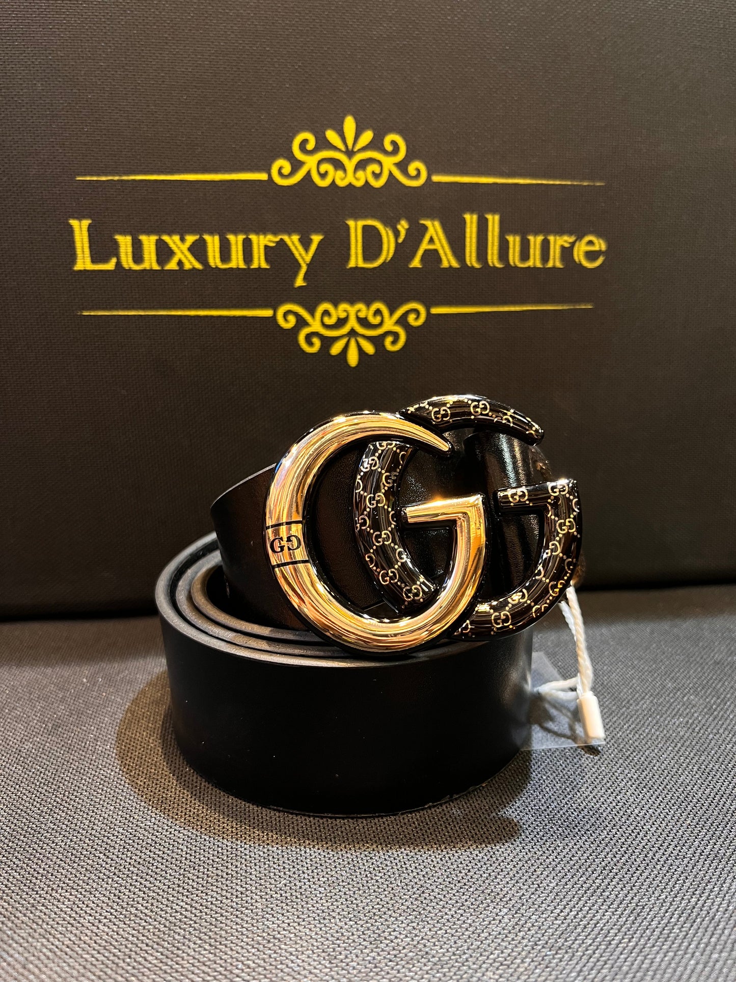 Cug Guc Black Strap Black Gold Buckle Men’s Belt 64663