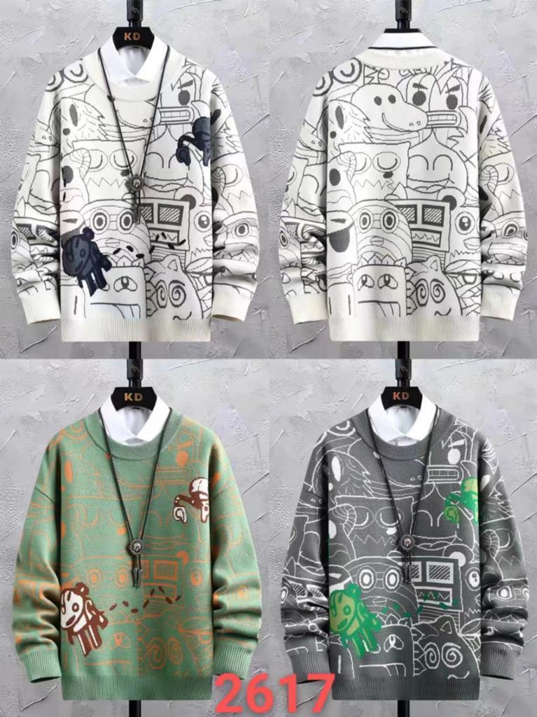 White Colour With Cartoon Print Premium Quality Oversized Unisex Sweater 93316