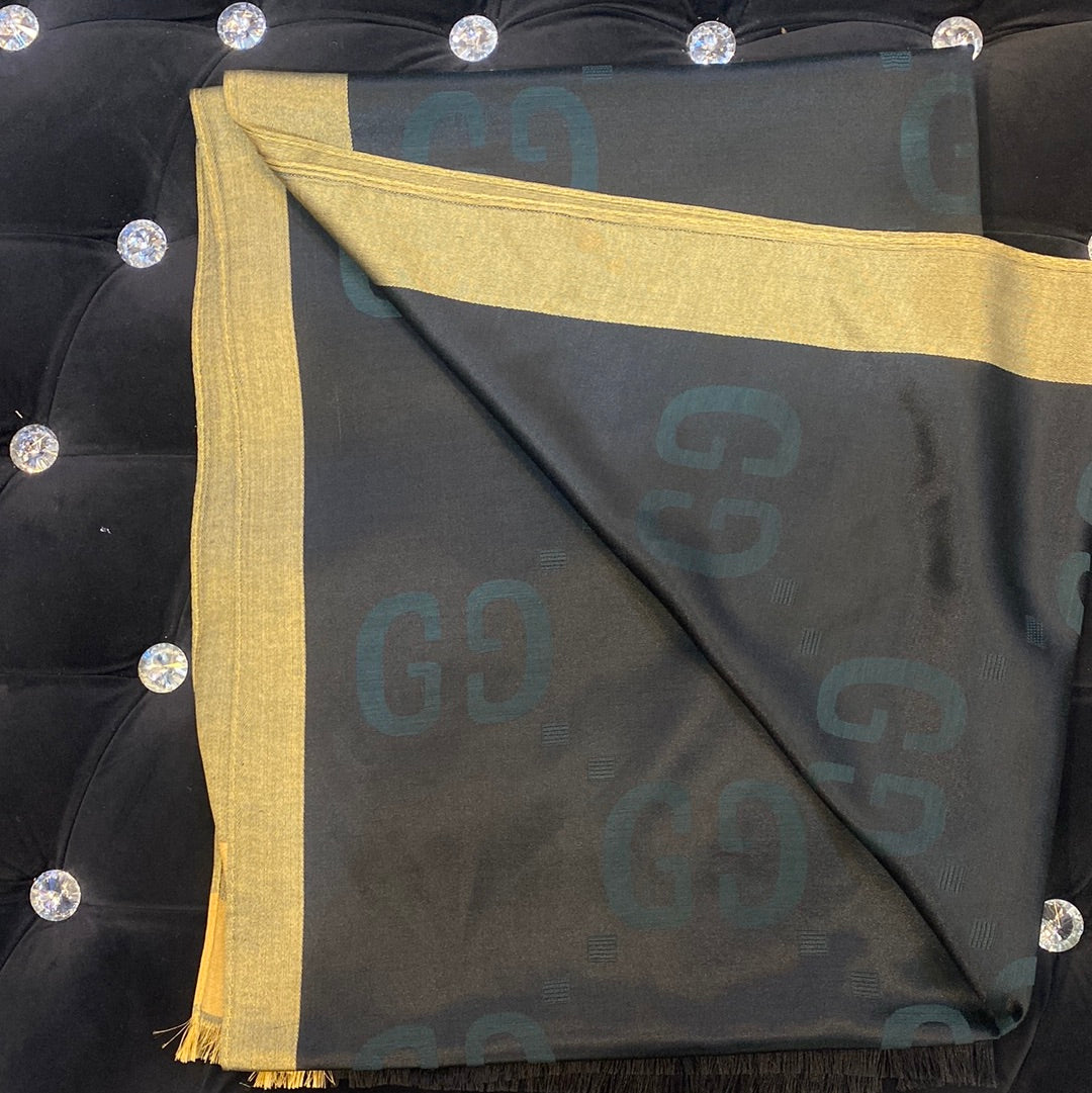 Cug Guc Green Colour Gold Strip Cug Print Heavy Quality Muffler 9341