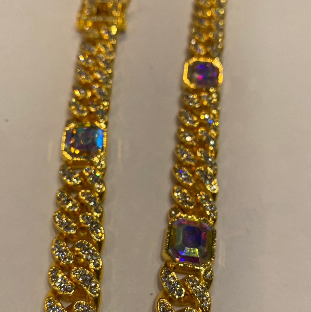 Gold Colour With Multi Colour Diamond Studded Cuban Chain Necklaces 65098