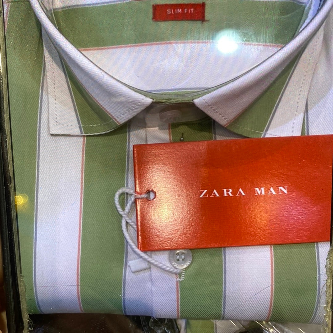 White Green Colour ZR Zar Raz With Green Line Relaxed Fit Branded Shirts 9109