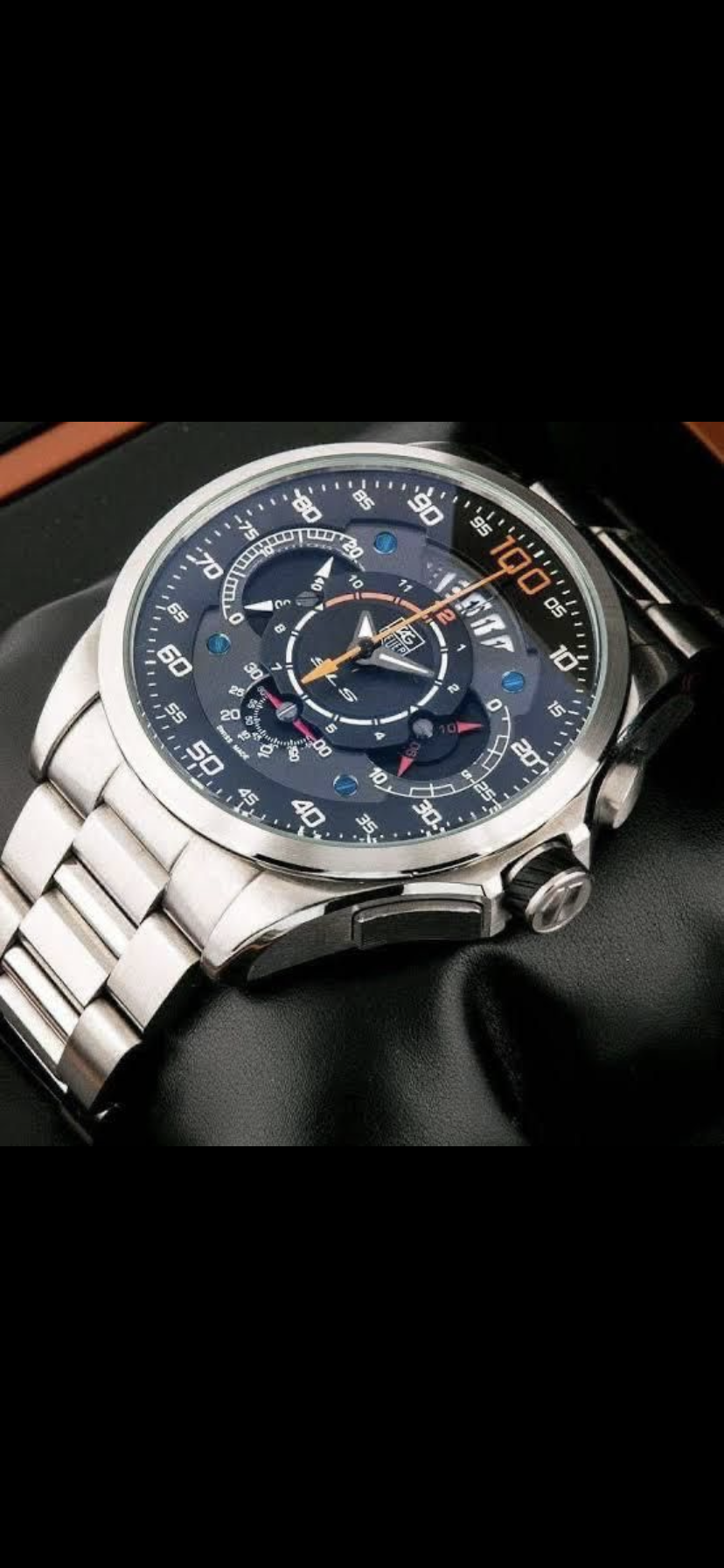 Silver Chain Black Dial Chrono Stainless Steel Watch For Men 400981