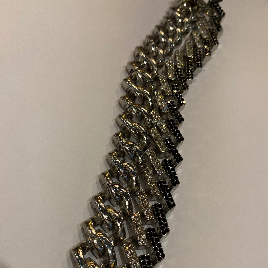 Silver Colour Silver Black Diamond Studded Cuban Necklaces 75092