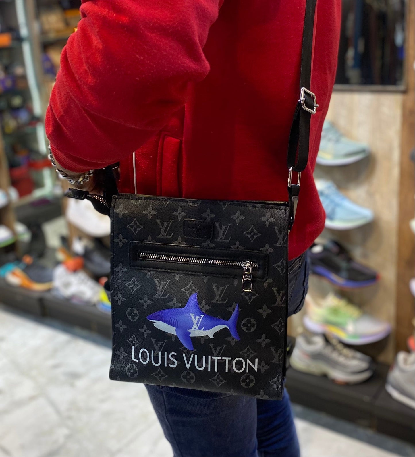 UOL Black Grey Monogram Fox Leather Unisex Side Sling Bag