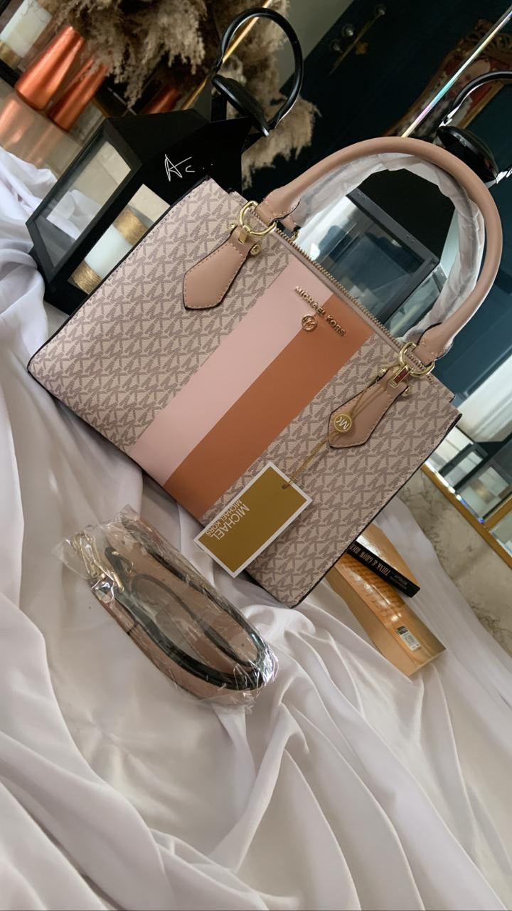 KM CIM White Pink Colour With Pink Stripes Design Premium Quality Small Ladies Hand Tote Bag Ladies Bag 50020