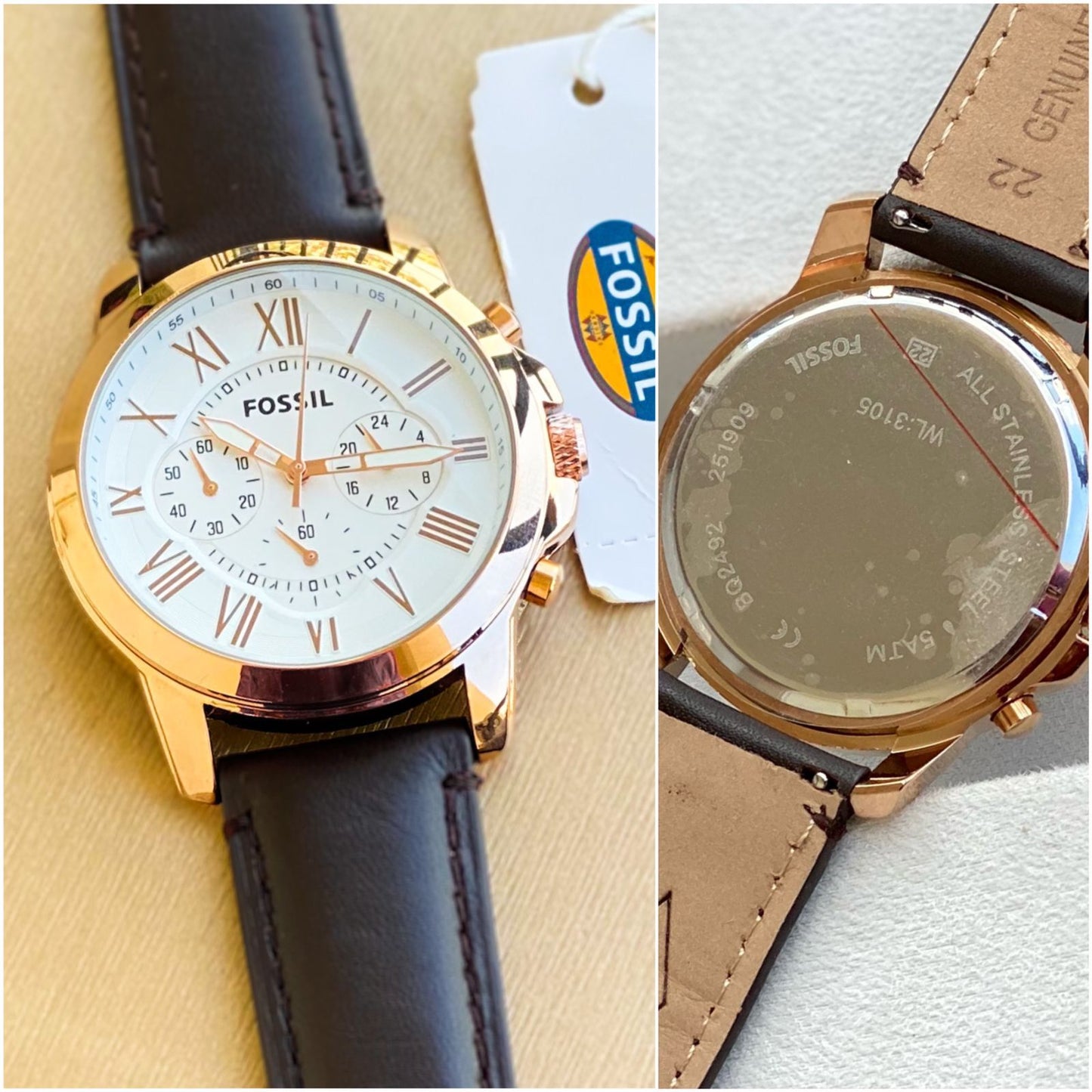 Brown Strap Copper Chrono Men Watch Formal White Dial Casual Leather 400692