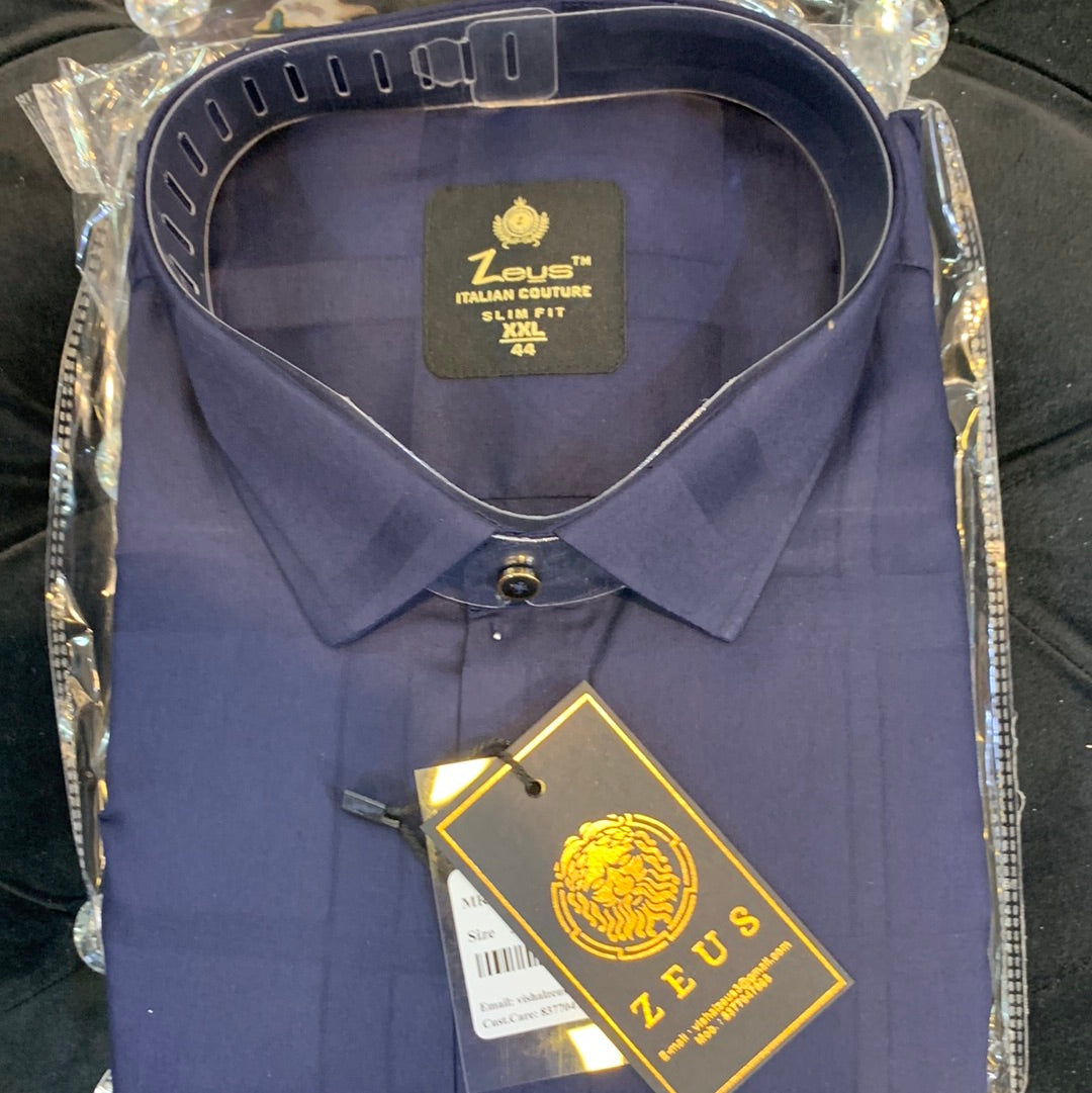 Zeus UEZ Navy Blue Colour with Navy Blue Check Linen Cotton Full Sleeve Italian Couture Slim Fit Shirt 110074