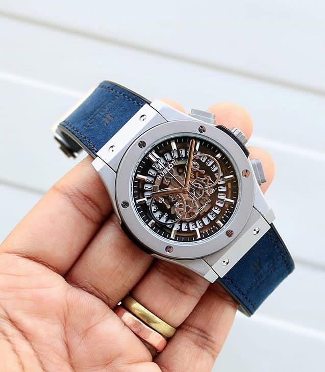Buh Blue Silver Dial Chrono Leather Silicone Strap Watch For Men