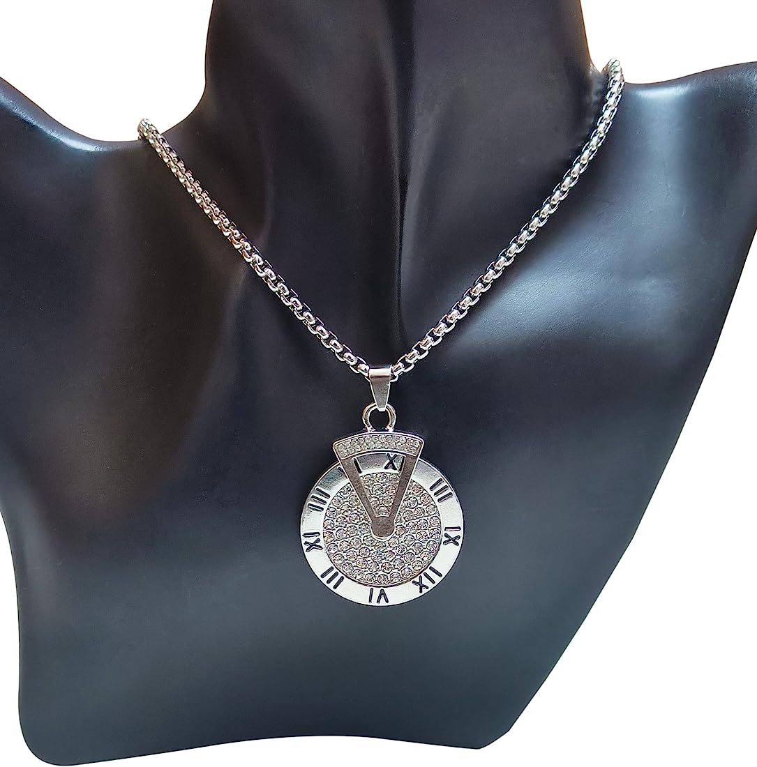 Sliver Rhinestone Round Dial Pocket Clock Watch in Roman Numbers Pendant Necklace Chain 50293