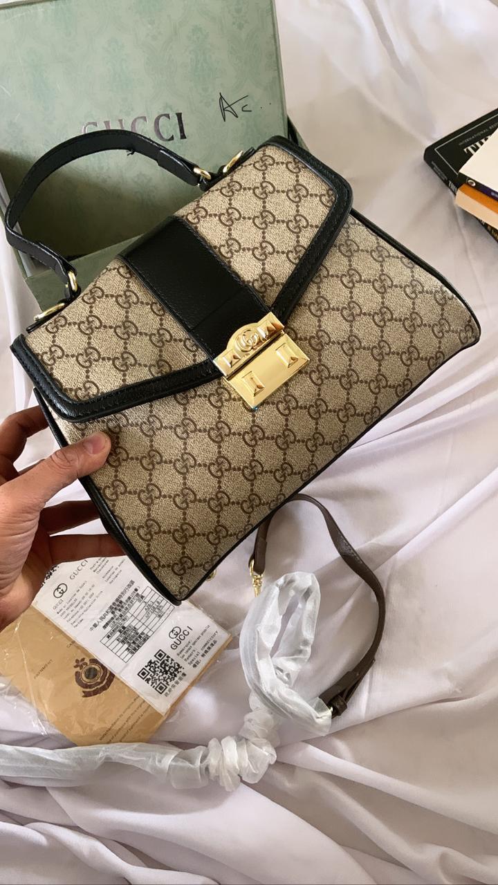 CUG Black Brown Colour With Monogram Design Cug Padlock Large Size Shoulder Ladies Bag