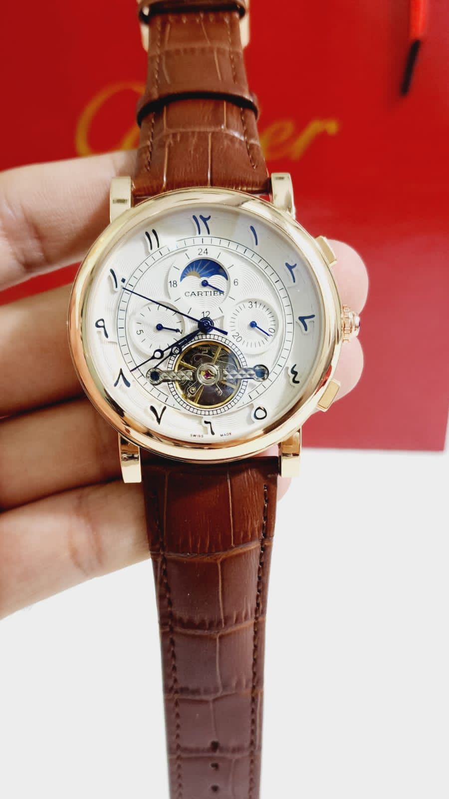 Brown Strap White Dial Copper Ring Automatic Man Watch