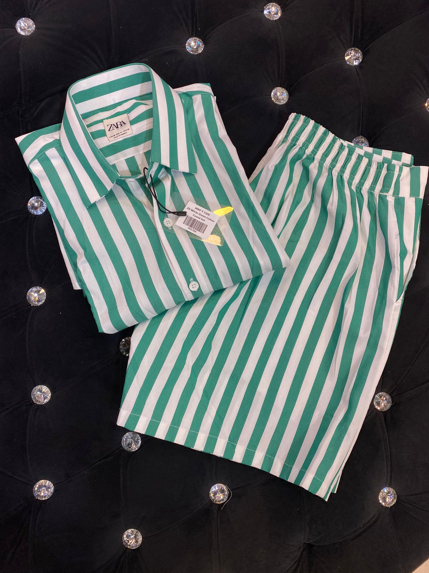 Zr White Green Colour With Line Print half Sleeve Shirt And Shorts Combo Coord Set