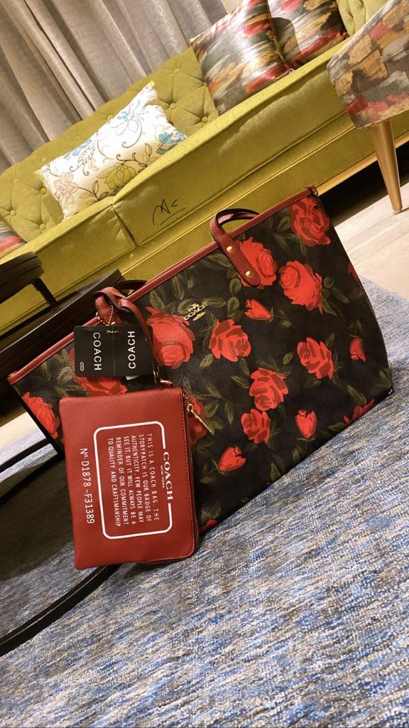 Red Green Floral Print Bag Reversible Bag with Pouch 1907# 2616