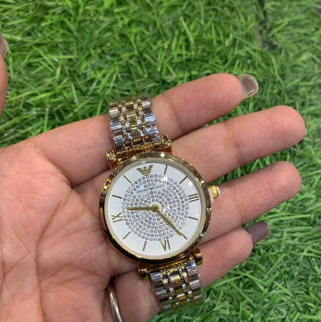Mra Silver Gold Chain White Dial Ladies Watch