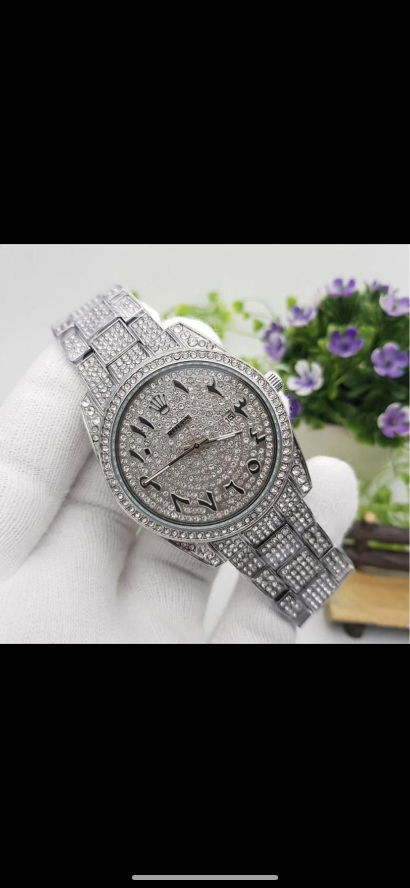 Silver Roman Numbers Studded Diamond Chain Chrono Watch For Men