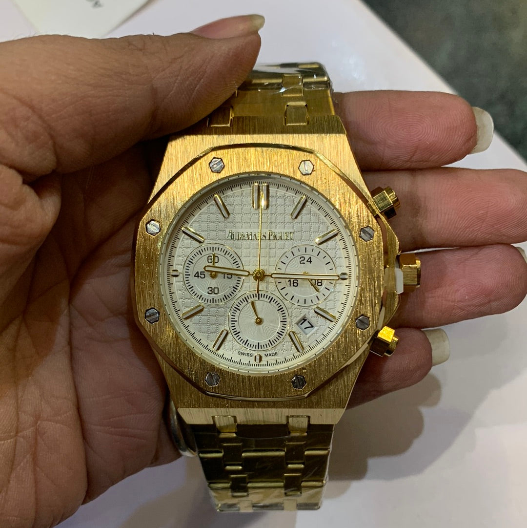DUA Gold Chain White Dial Chrono Working Men Watch