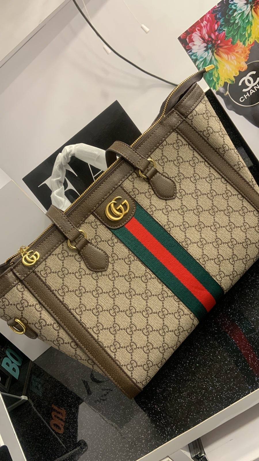 Cug Brown Cream Colour GG Print Red Green Stripe Design Premium Quality Ladies Hand Tote Bag Ladies Bag 50025