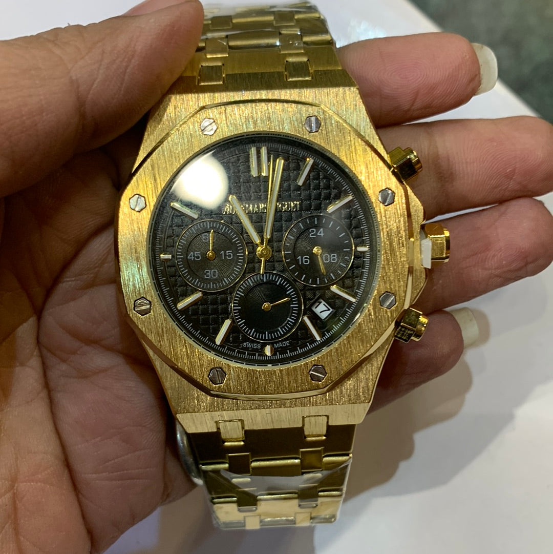 DUA Gold Chain Black Dial Chrono Working Men Watch