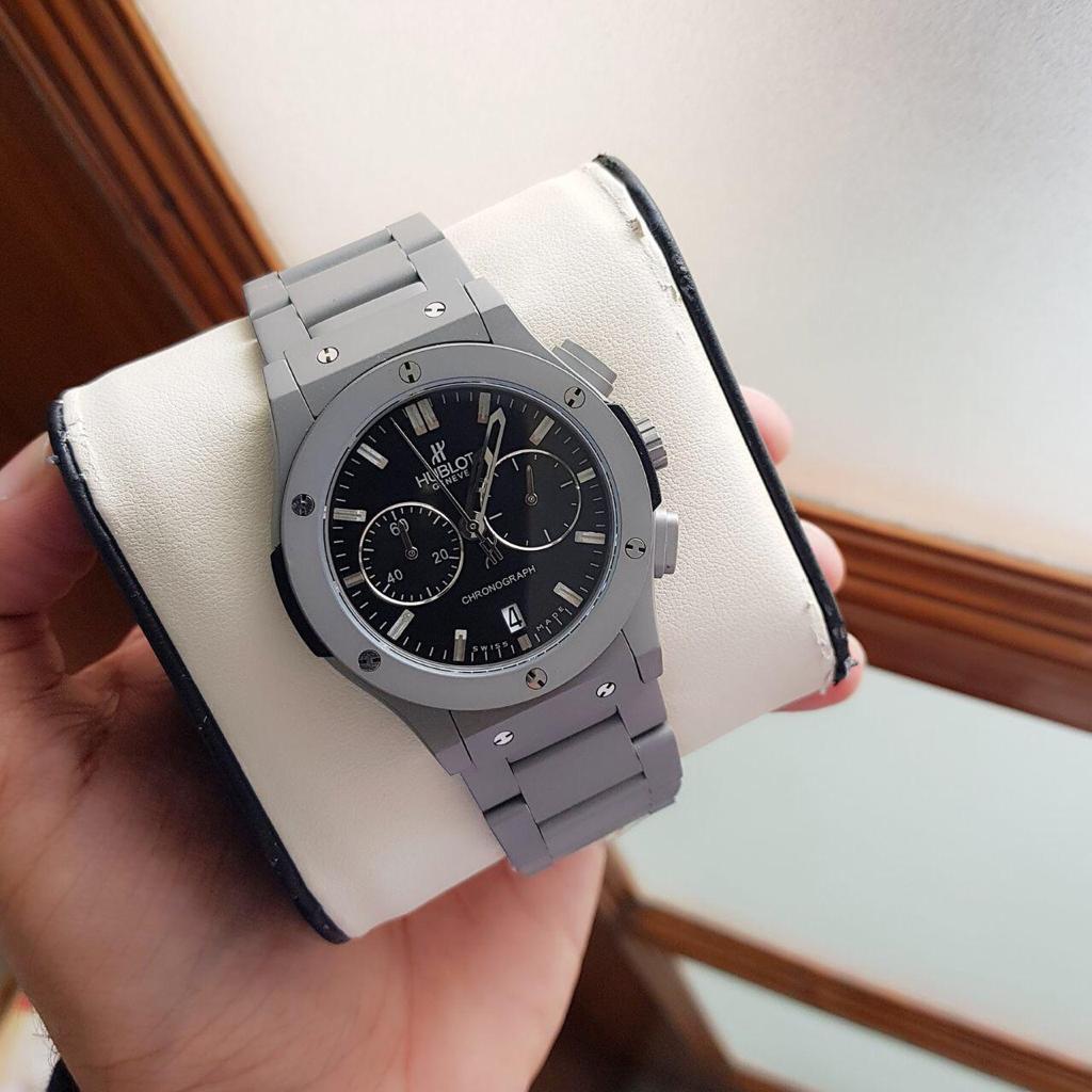 Silver Chain Black Dial Chrono Watch For Men