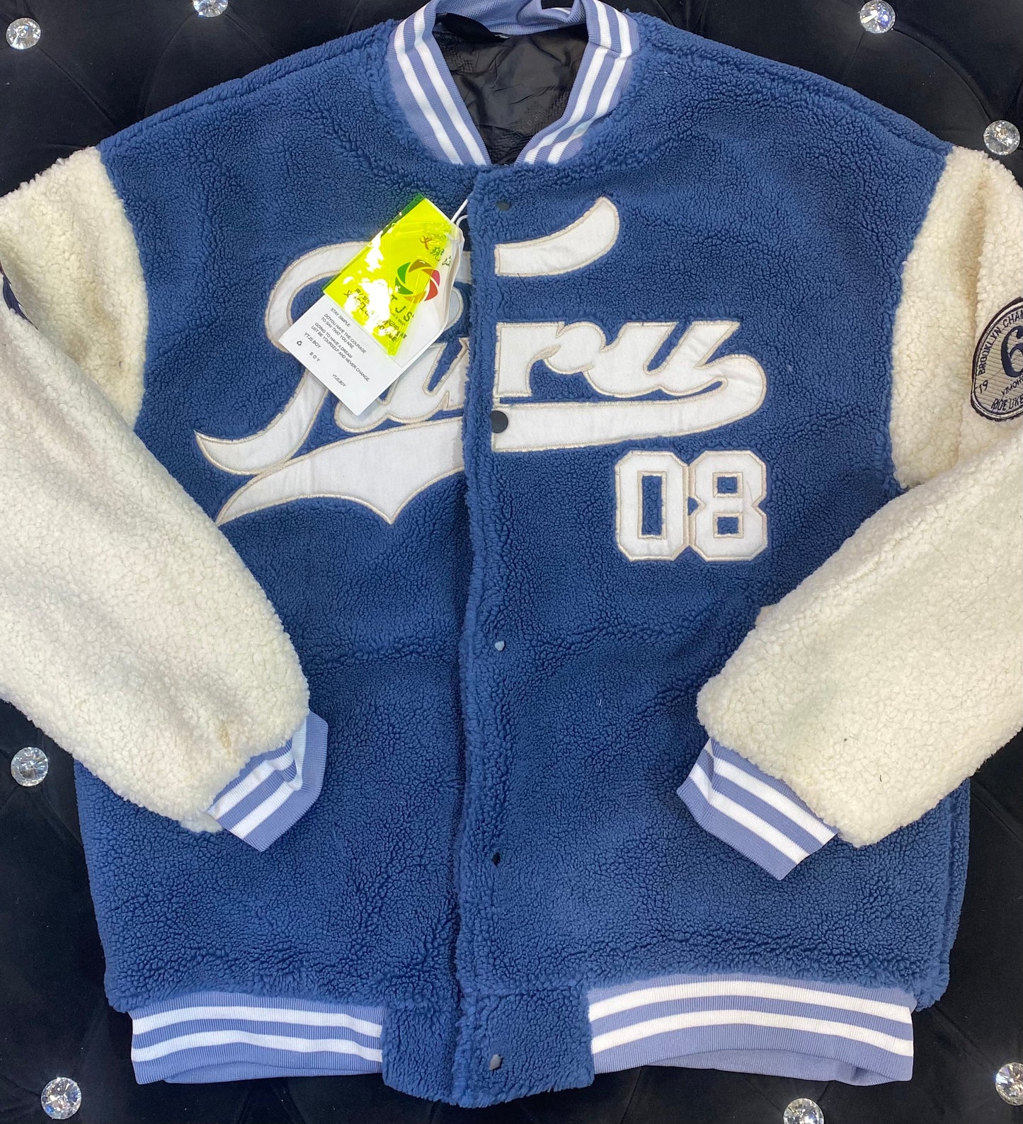 08 Blue Colour Fuarou Latter Patched Colorblock Button Front Teddy Varsity Jacket