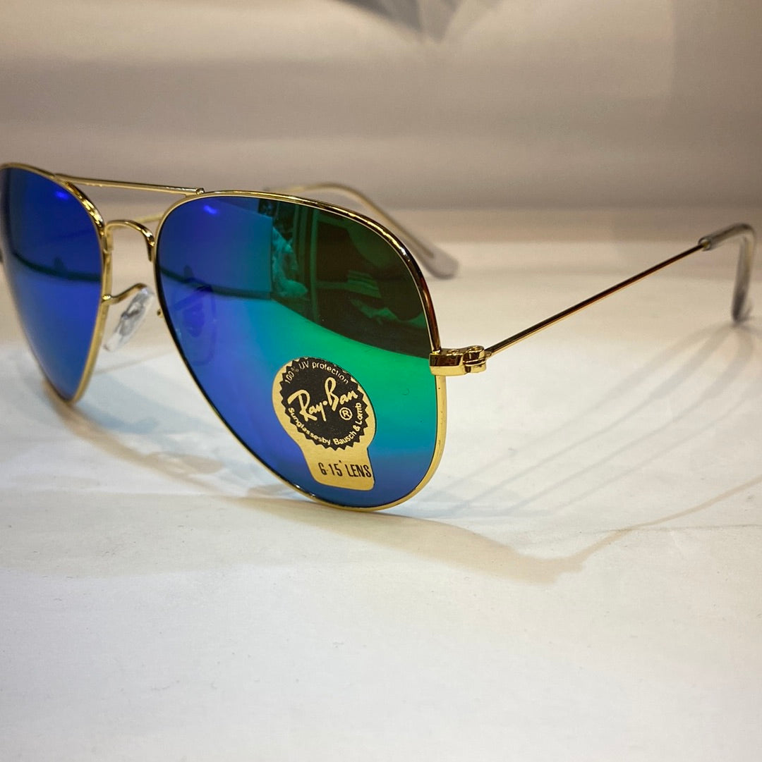 YAR RB Glossy Gold Frame Green Blue Shade Unisex Aviator Sunglasses RB3026 B2 14 138