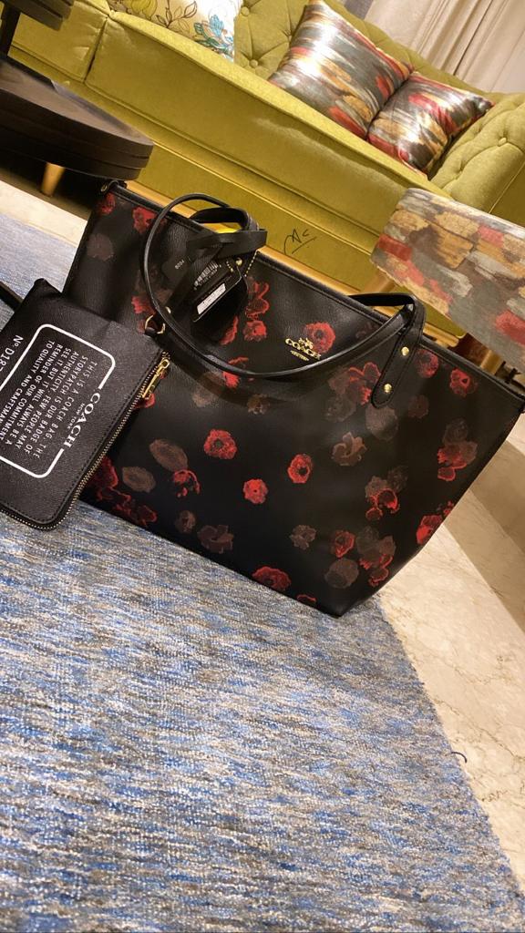 Black Red Floral Print Bag Reversible Bag with Pouch 1907#