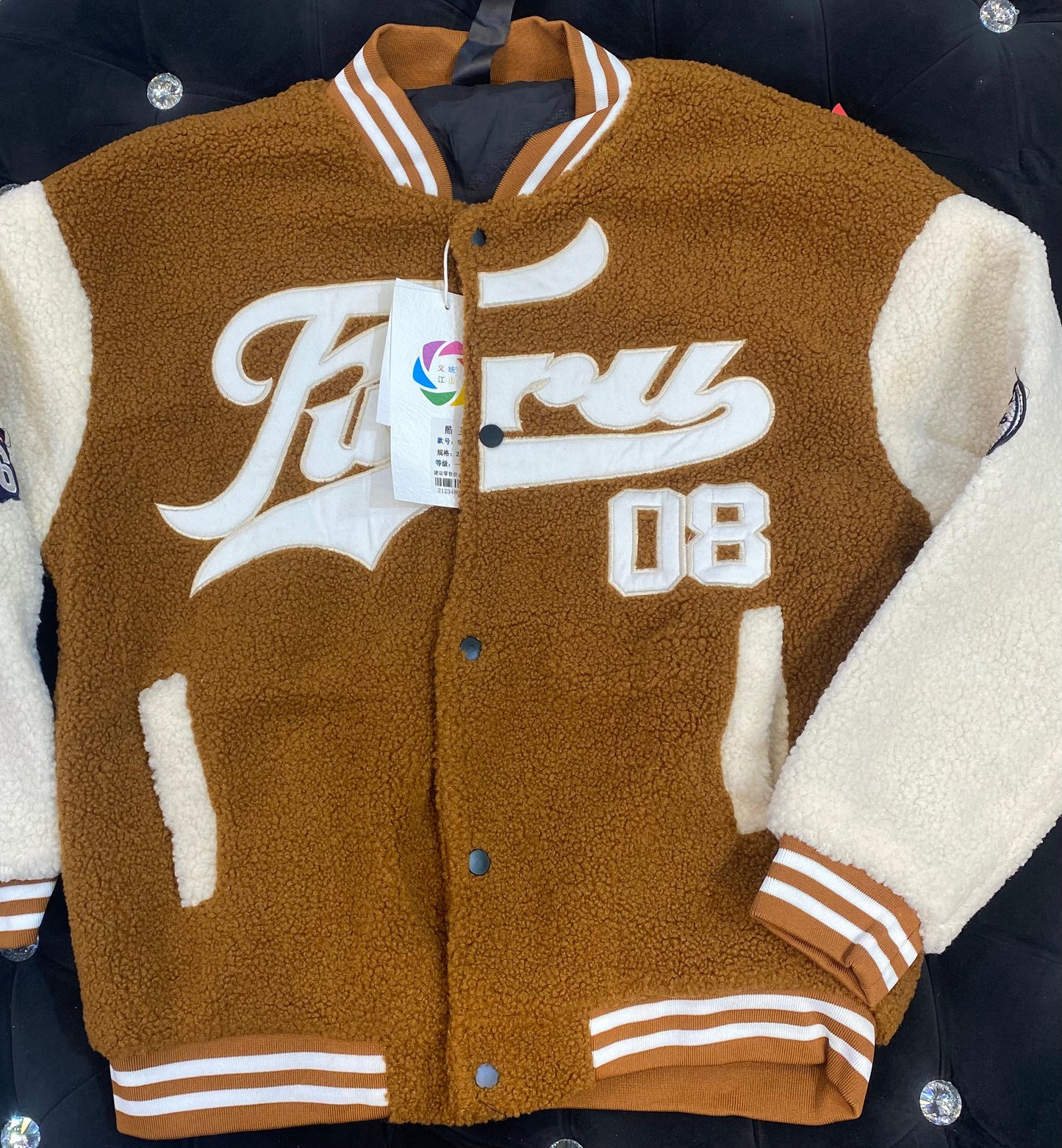 08 Brown Colour Fuarou Latter Patched Colorblock Button Front Teddy Varsity Jacket 9983