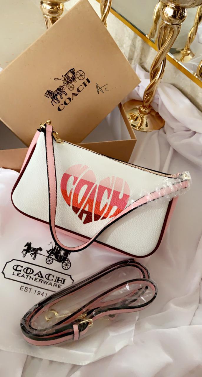 AOC White Pink Colour With Pink Heart Print Preimum Quality Ladies Hand Bag 795402