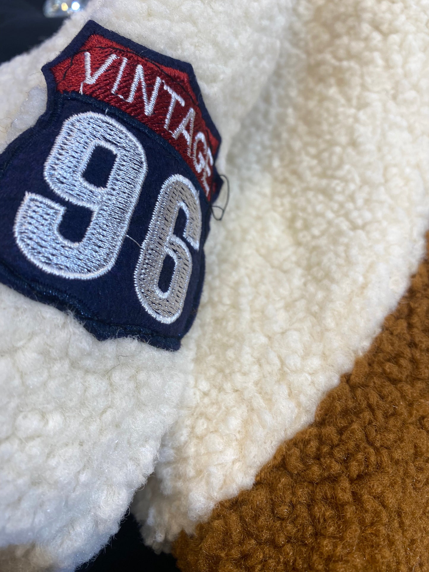 08 Brown Colour Fuarou Latter Patched Colorblock Button Front Teddy Varsity Jacket 9983
