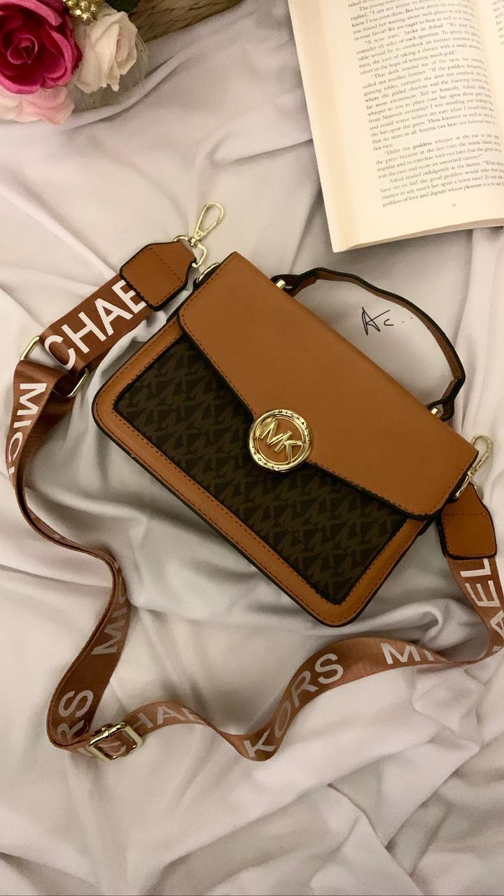 KM CIM Tan Brown Colour With Monogram Flap Lock Ladies Hand Bag 886603