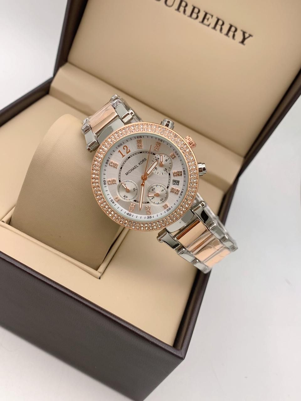 Cim Silver Copper Chain White Dial Chronograph Working Ladies Watch