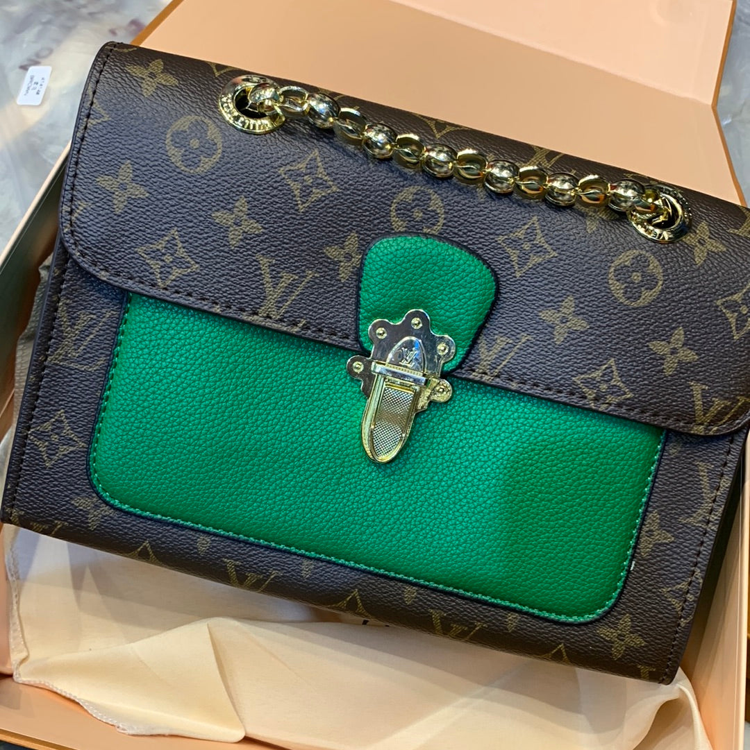 Uol Monogram Print Brown Green Colour Vl Logo Down Lock Ladies Sling Bag 43731