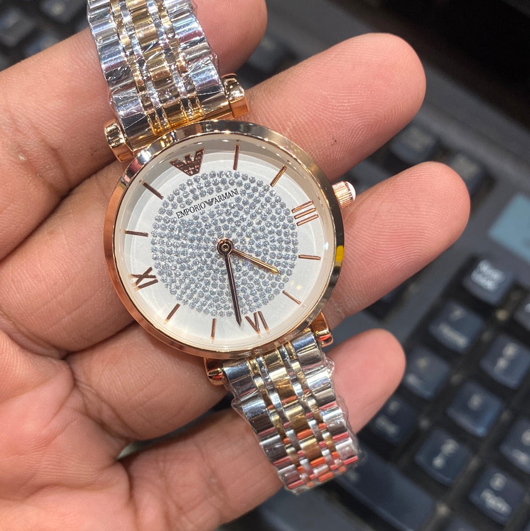 Mra Silver Copper Chain White Diamonds Dial Ladies Watch
