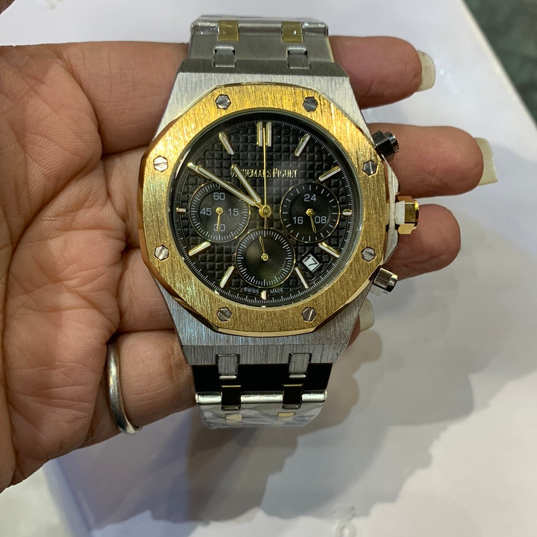 Dua Silver Gold Chain Black Dial Chrono Working Men Watch