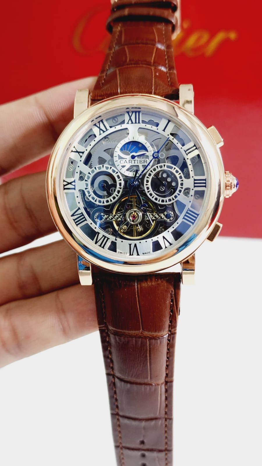 Brown Strap White Dial Copper Ring Automatic Man Watch